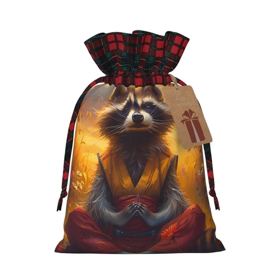 Vsdgher Sunset Flower Meditating Raccoon Christmas Drawstring Bags Xmas Burlap Bags Pouches Xmas Elements Wrapping Bags for Candy Goody Birthday Wedding-Black