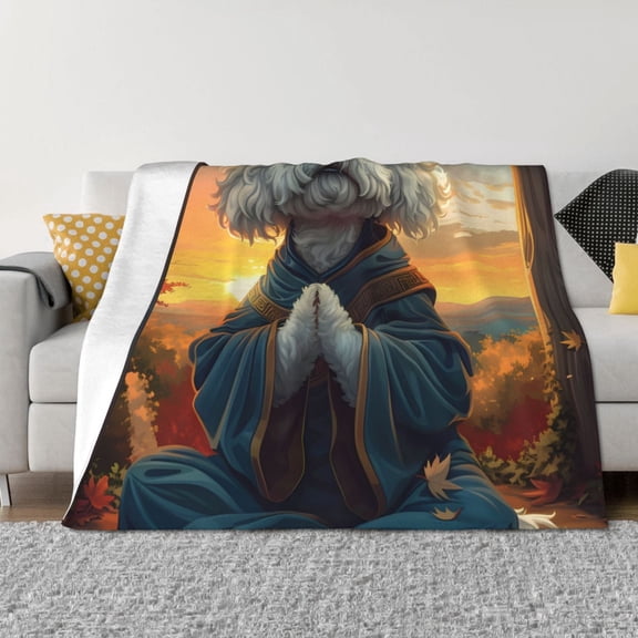 Vsdgher Sunset Meditating Bichon Frise Pattern Fleece Throw Blanket, Horizontal Fleece Bedding Home Decor for Couch & Bed All Season Use -50"x40"