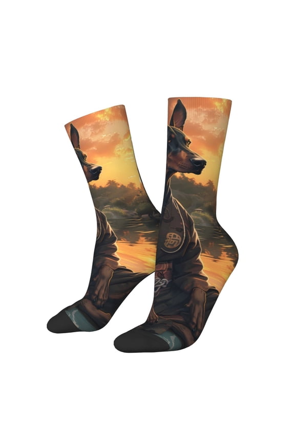 Sunset Meditating Doberman Crew Socks for Men & Women, Breathable Casual Athletic Ankle Socks
