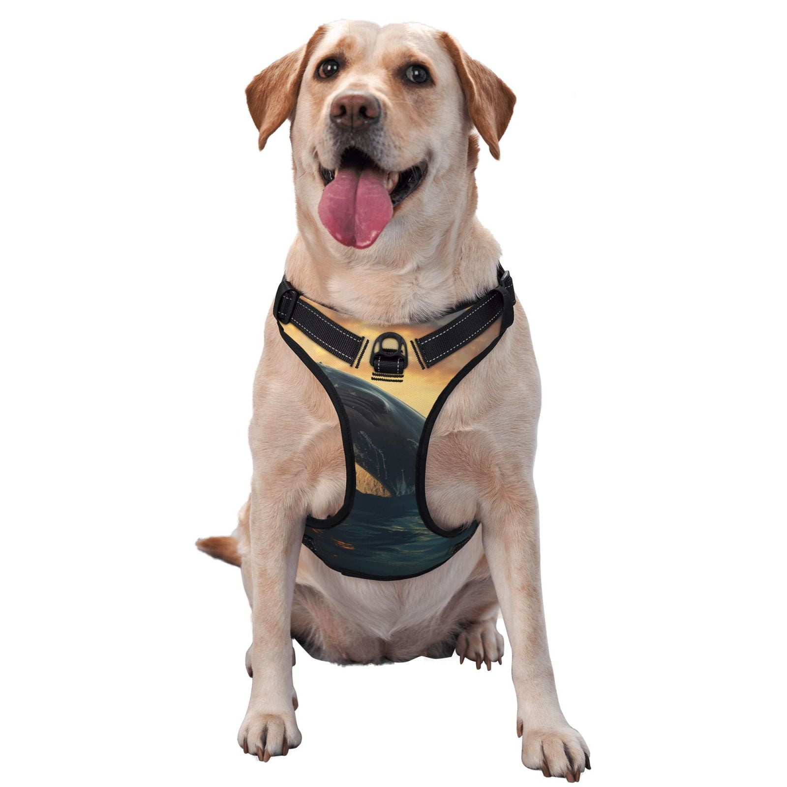 Vsdgher Sunset Ocean Whale Pattern Dog Harness,No Pull Pet Harness with Soft Padded Handle,Adjustable Reflective Vest with 2 Buckles,4 Slide Buckles,S-XL Large