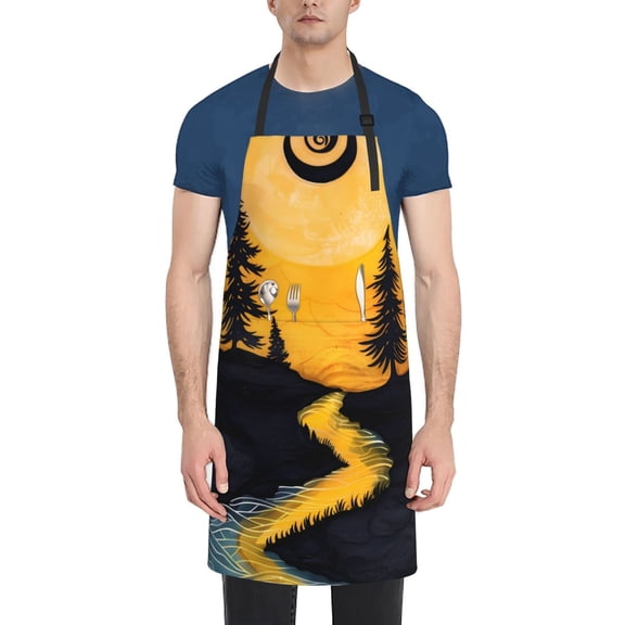 Vsdgher Sunset River Pine Trees Waterproof Apron with 2 Pockets Kitchen Chef Aprons Bibs for Grooming Cooking Baking Painting Gardening