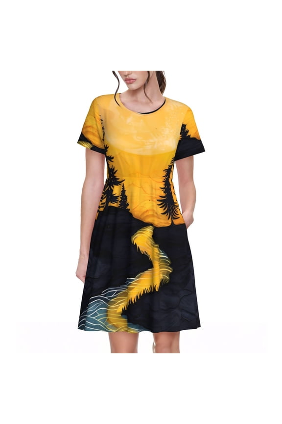 Sunset River Pine Trees for Womens Summer 2025 Casual Midi Maxi Dresses Lightweight Short Sleeve Round Neck Beach Dress -XX-Large
