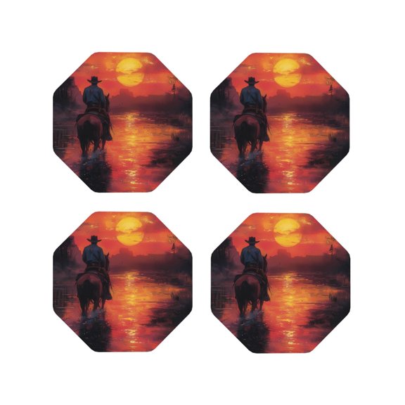 Vsdgher Sunset River Western Cowboy Leather Coasters for Drinks, Durable Drink Coasters 4 Set for Tabletop Protection, Luxurious Home Décor and Housewarming Gift ( {designName})Octagon