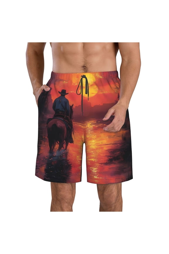 Sunset River Western Cowboy Men's Beach Shorts, Surfing shorts, Swim trunks, Quick Dry Swim Trunks for Surfing Beach Fun -Medium