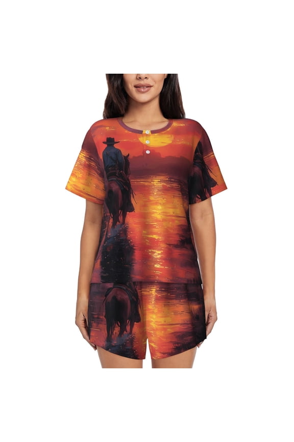 Sunset River Western Cowboy Pattern Womens Pajamas 2 Piece Short Sleeve Sleepwear Set,Summer Soft Pajamas Set Casual Lounge Sets, 2-Piece Pj -4X-Large