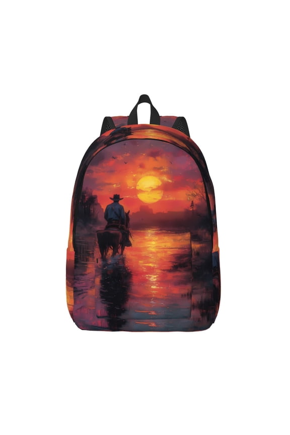 Sunset River Western Cowboy Print Canvas Backpack Travel Rucksack Unisex Knapsack 15.7/17.7Inch Laptop Backpack for Work,College -Medium