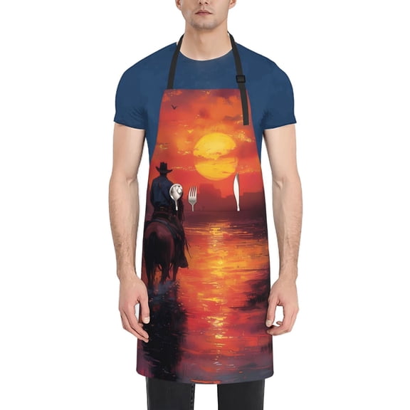 Vsdgher Sunset River Western Cowboy Waterproof Apron with 2 Pockets Kitchen Chef Aprons Bibs for Grooming Cooking Baking Painting Gardening