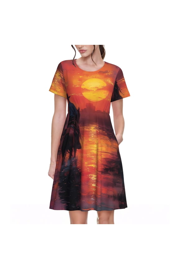 Sunset River Western Cowboy for Womens Summer 2025 Casual Midi Maxi Dresses Lightweight Short Sleeve Round Neck Beach Dress -Small