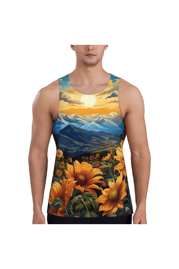 Sunset Sky Sunflower Men's Workout Tank Tops Sleeveless Gym Shirt Quick Dry Fitness Bodybuilding Sleeveless T Shirt-Small