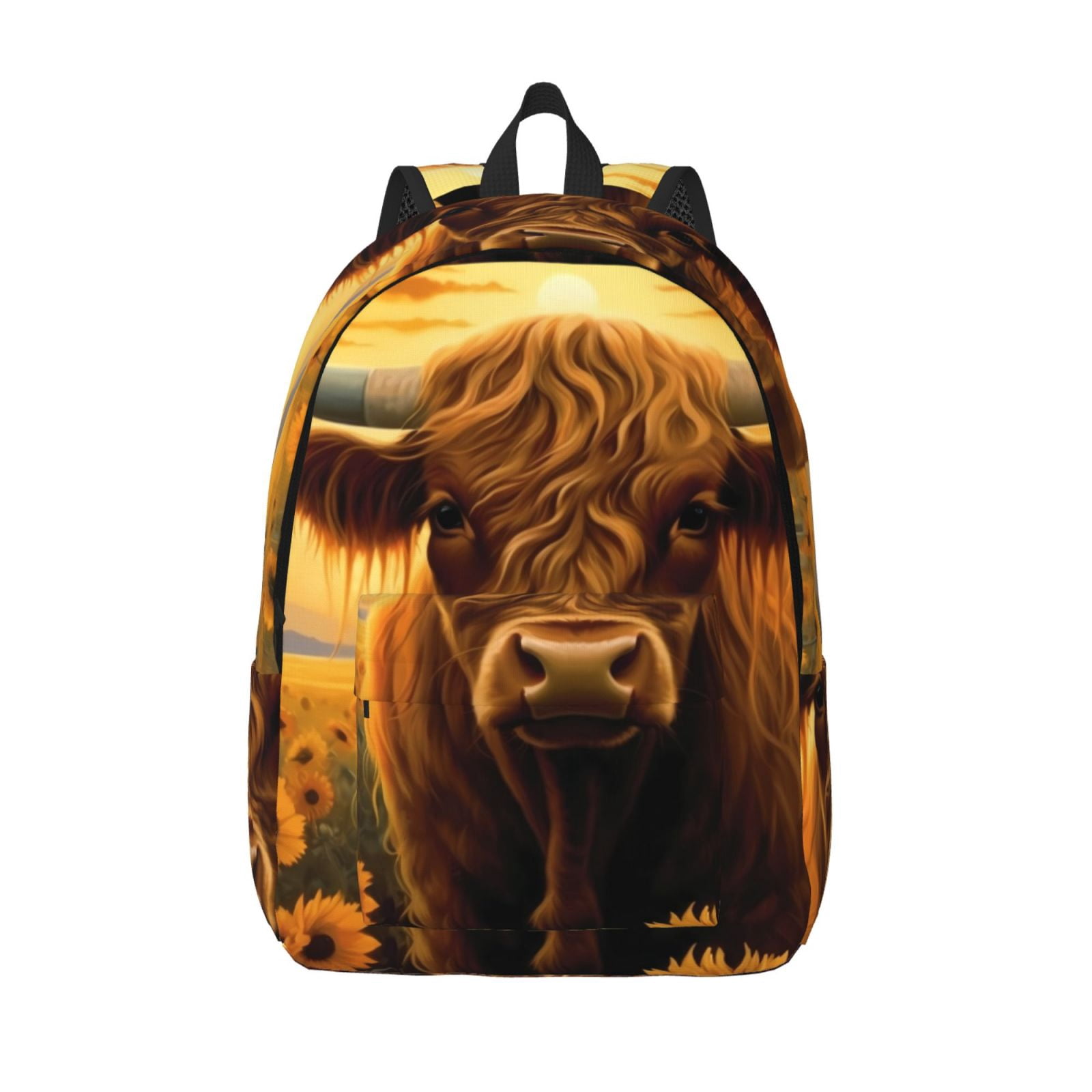 Vsdgher Sunset Sunflower Cow A Print Canvas Backpack Travel Rucksack Unisex Knapsack 15.7/17.7Inch Laptop Backpack for Work,College -Small