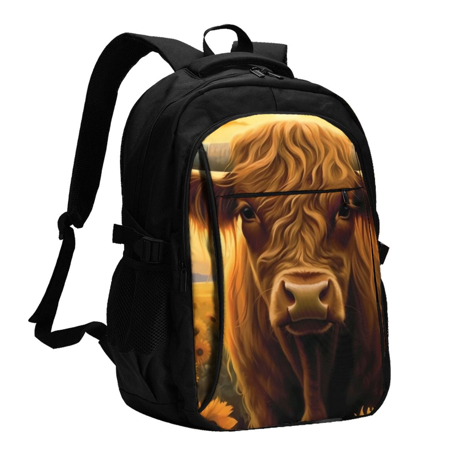 Vsdgher Sunset Sunflower Cow A Print Travel Laptop Backpack, Laptops Backpack with USB Charging Port, Water Resistant Computer Bag Gift for Men & Women