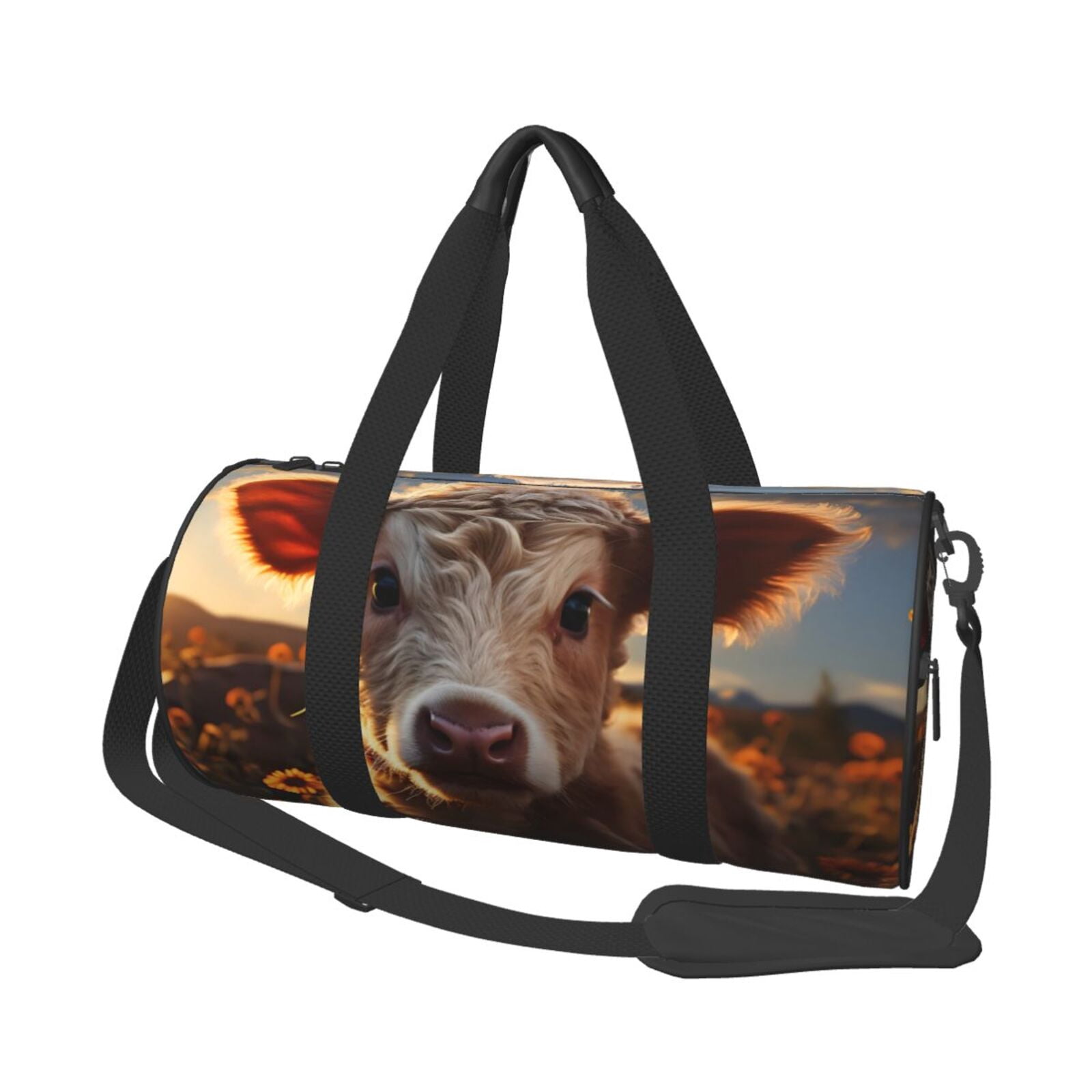 Vsdgher Sunset Sunflower Small Cow 45L Foldable Duffel Bag, Sports Gym Bag,Overnight Bag, Portable Weekender Bag for Airplanes
