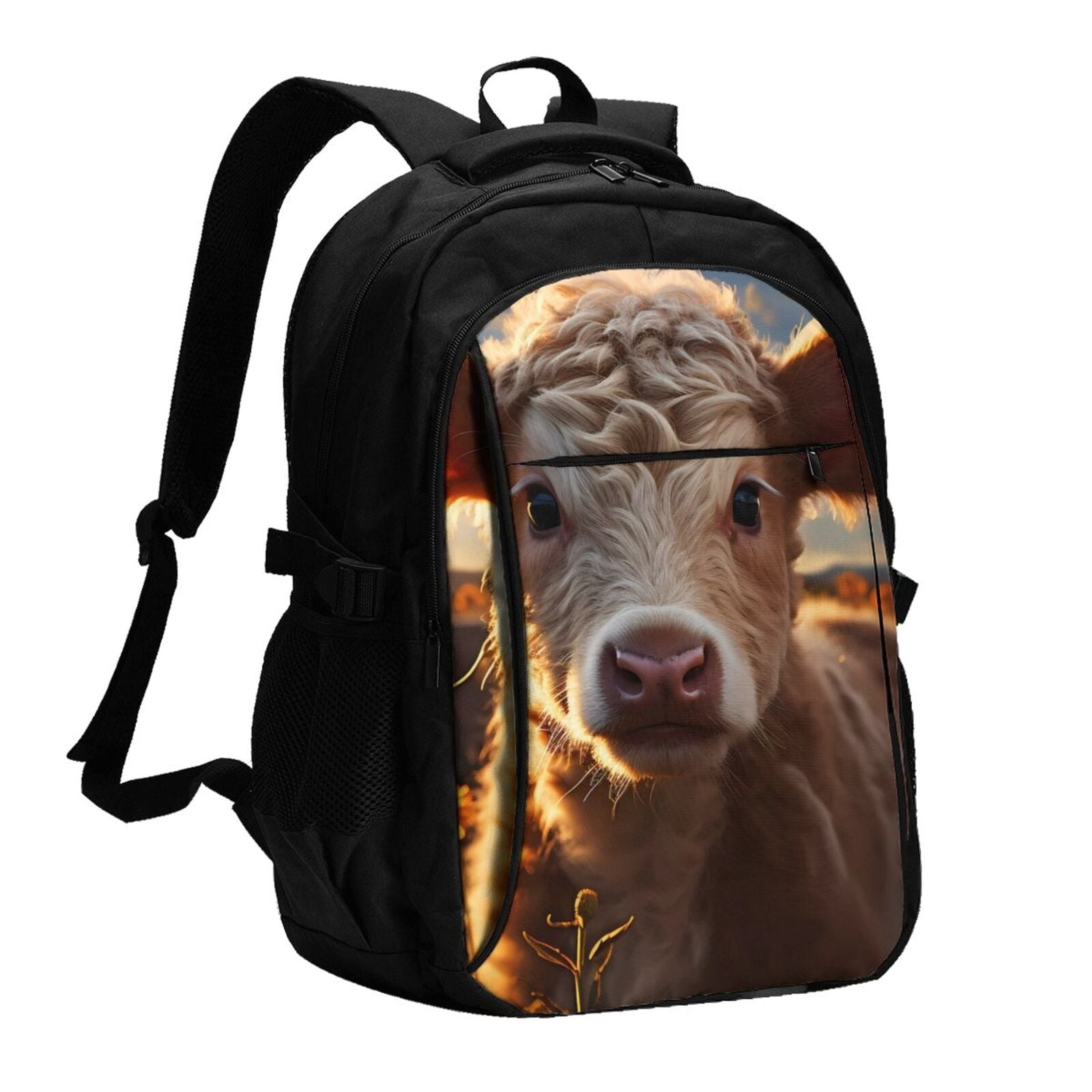 Vsdgher Sunset Sunflower Small Cow Print Travel Laptop Backpack, Laptops Backpack with USB Charging Port, Water Resistant Computer Bag Gift for Men & Women