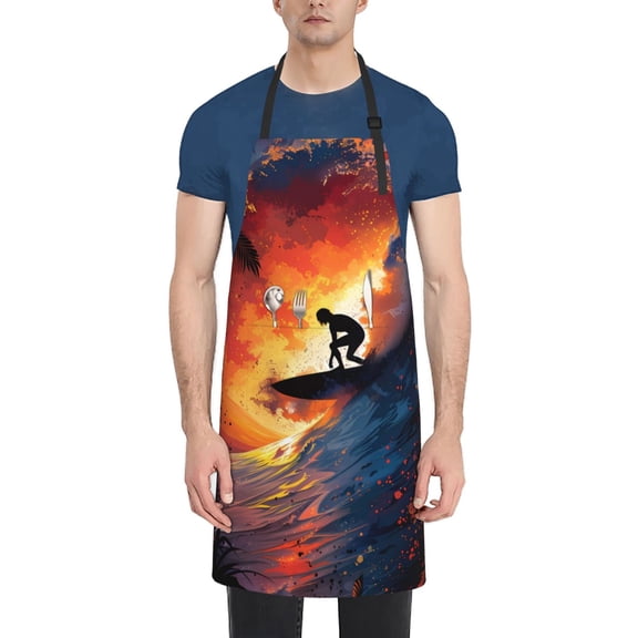Vsdgher Sunset Surfing Silhouette Waterproof Apron with 2 Pockets Kitchen Chef Aprons Bibs for Grooming Cooking Baking Painting Gardening