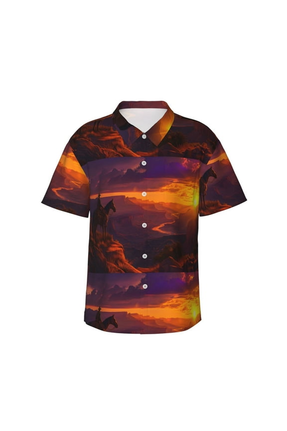 Sunset Valley Western Cowboy Print Men's Hawaiian Shirts Button Down Tropical Holiday Beach Shirts Vacation Clothes,Medium
