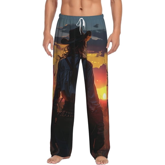 Vsdgher Sunset Western Cowgirl Print Mens Pajama Pants Sleep & Lounge Pants, PJ Bottoms With elastic waistb and Pockets