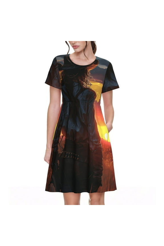 Sunset Western Cowgirl for Womens Summer 2025 Casual Midi Maxi Dresses Lightweight Short Sleeve Round Neck Beach Dress -3X-Large