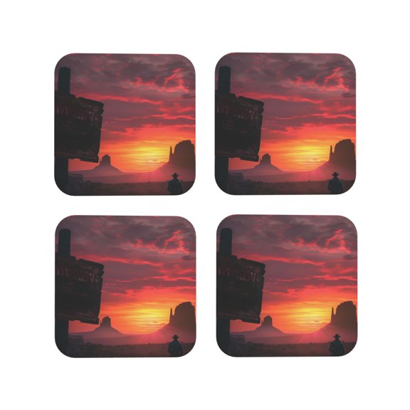 Vsdgher Sunset Western Desert Cowboy Leather Coasters for Drinks, Durable Drink Coasters 4 Set for Tabletop Protection, Luxurious Home Décor and Housewarming Gift ( {designName})Square