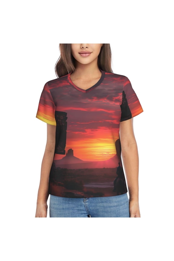 Sunset Western Desert Cowboy Women Shirts V Neck Short Sleeve Tops T-Shirt Basic Tees, S to 3XLSmall