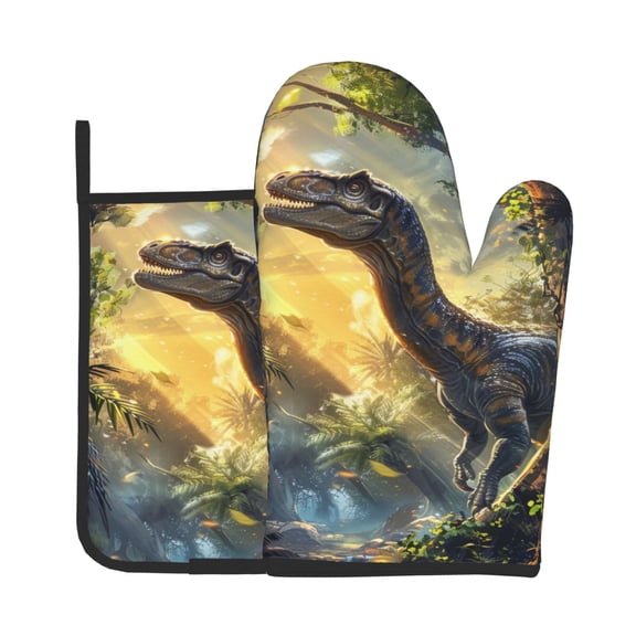 Vsdgher Sunshine Jungle Dinosaur Oven Mitts and Pot Holders 2 pcs Set,High Heat Resistant Kitchen Oven Glove for Baking and Cooking
