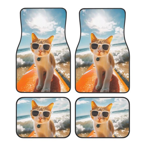Vsdgher Surfing Cat Sun Car Foot Mat Set of 4 Pieces Universal Floor Liner Car Accessories Fits Most Cars, Trucks, Vans, sedans, SUV
