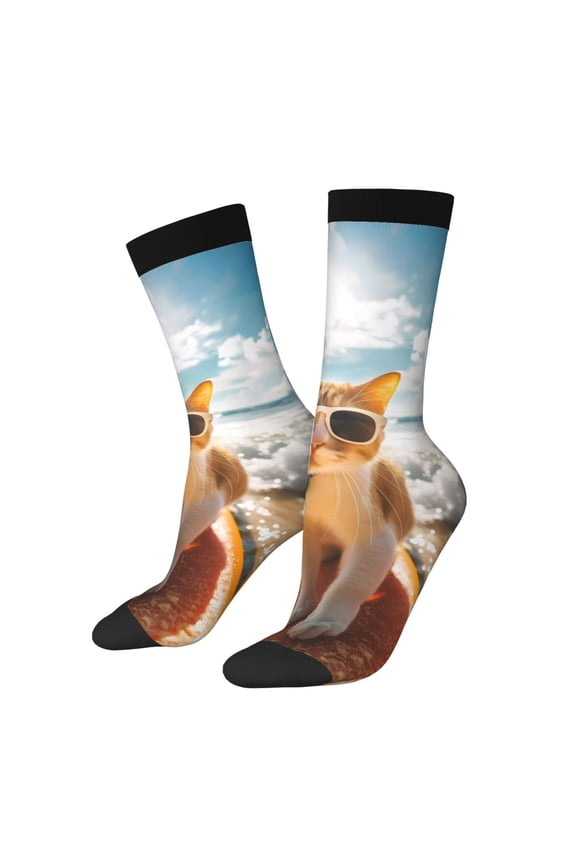 Surfing Cat Sun Crew Socks for Men & Women, Breathable Casual Athletic Ankle Socks