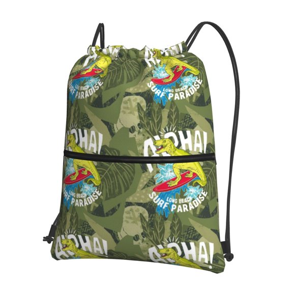 Vsdgher Surfing Dinosaur Drawstring Backpack Water Resistant String Bag Sports Sackpack Gym Sack for Men Women