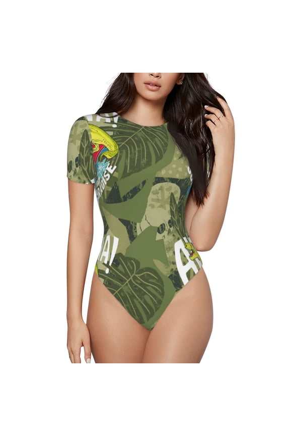 Surfing Dinosaur Prinr Short Sleeve Body suit for Womens, Sexy Onesie One Piece Round Neck Bodysuit Shapewear Tummy Control-XX-Large