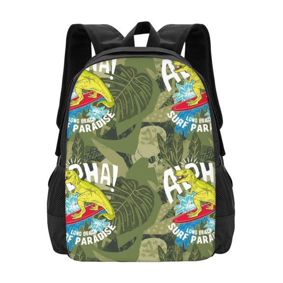 Vsdgher Surfing Dinosaur Print Backpack for Women Men School Bookbag with Laptop Compartment for College Work Travel, Simple Fashion Casual Daypack, Fit 15" Laptop