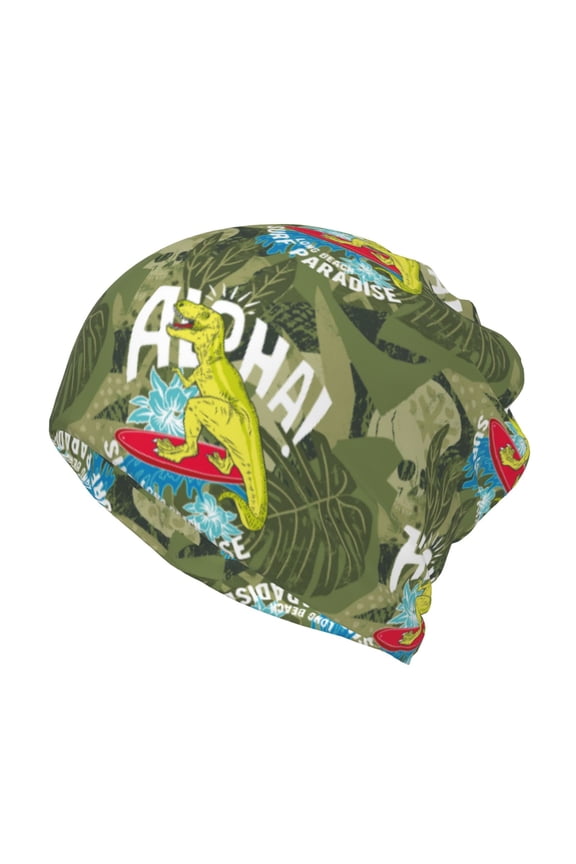 Surfing Dinosaur Slouchy Beanie Hat for Men/Women, Skull Cap Chemo Cap Night Sleeping Cap