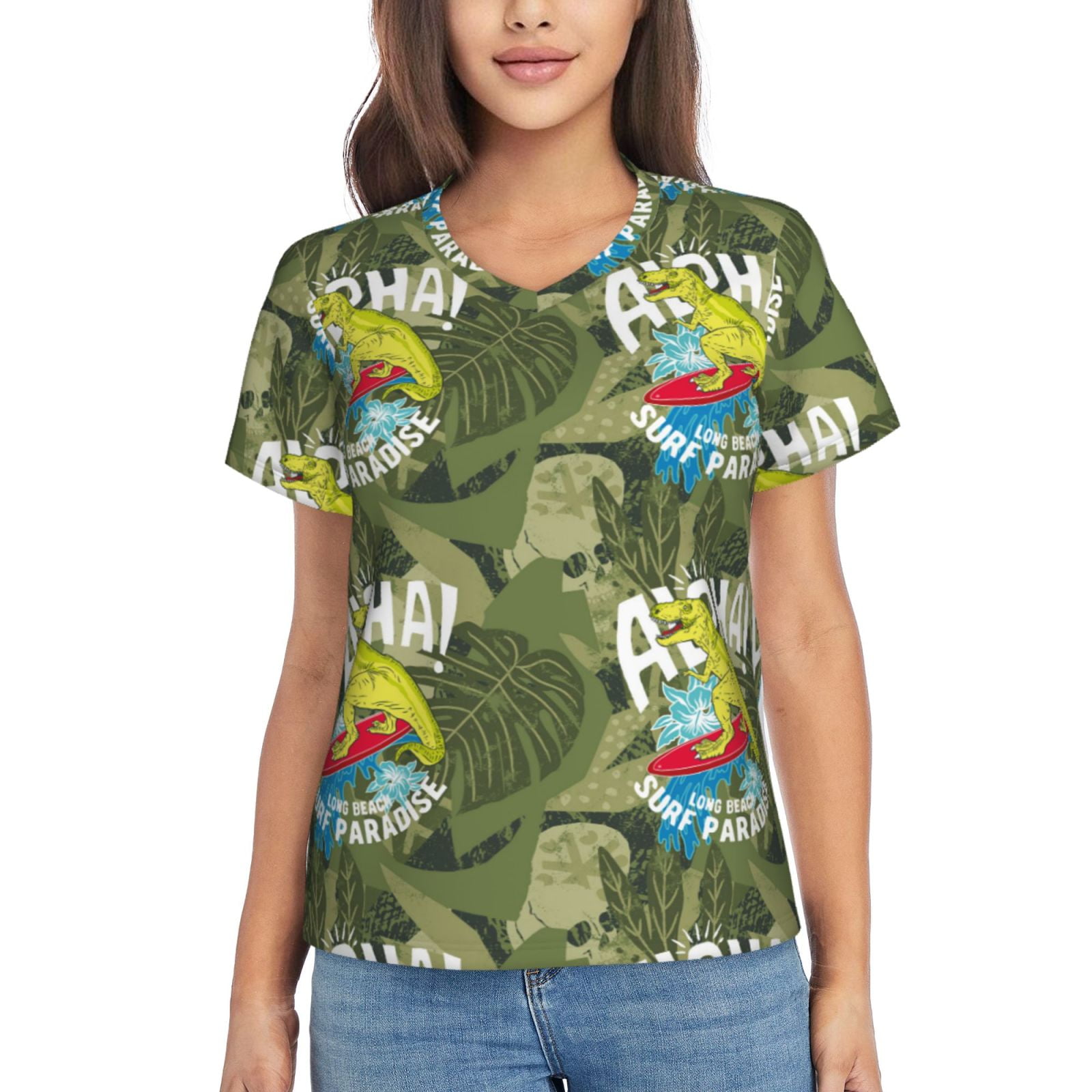 Vsdgher Surfing Dinosaur Women Shirts V Neck Short Sleeve Tops T-Shirt Basic Tees, S to 3XL3X-Large