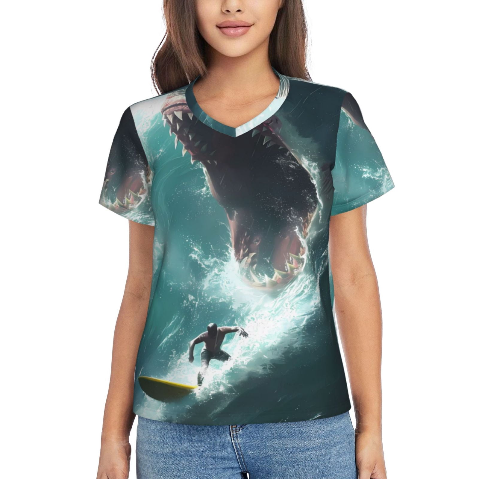 Vsdgher Surfing Shark Women Shirts V Neck Short Sleeve Tops T-Shirt Basic Tees, S to 3XLMedium