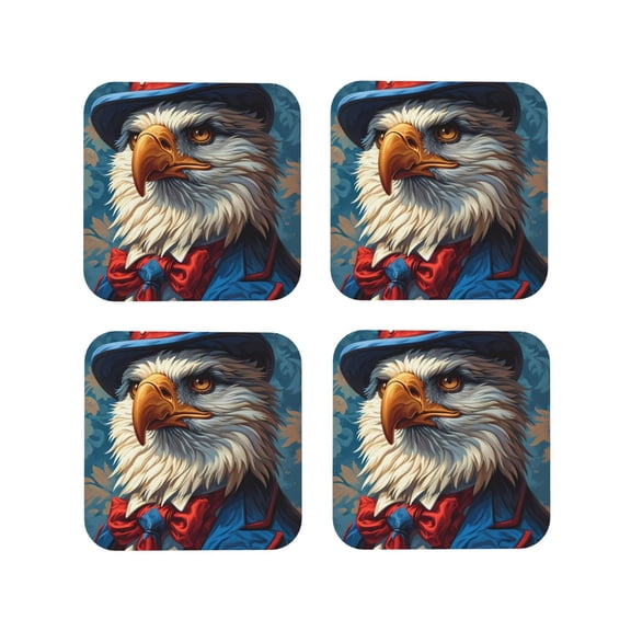 Vsdgher Surreal Bald Eagle Gentleman Leather Coasters for Drinks, Durable Drink Coasters 4 Set for Tabletop Protection, Luxurious Home Décor and Housewarming Gift ( {designName})Square