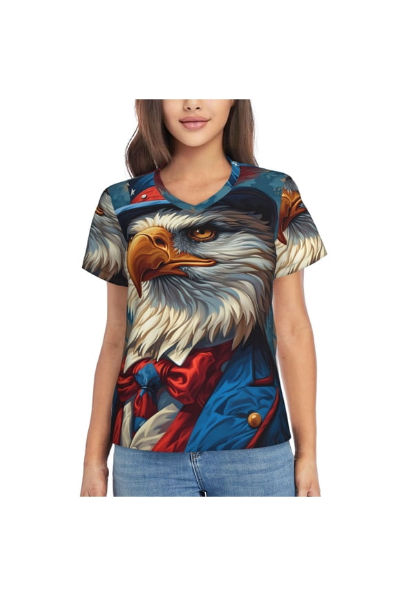 Surreal Bald Eagle Gentleman Women Shirts V Neck Short Sleeve Tops T-Shirt Basic Tees, S to 3XLMedium