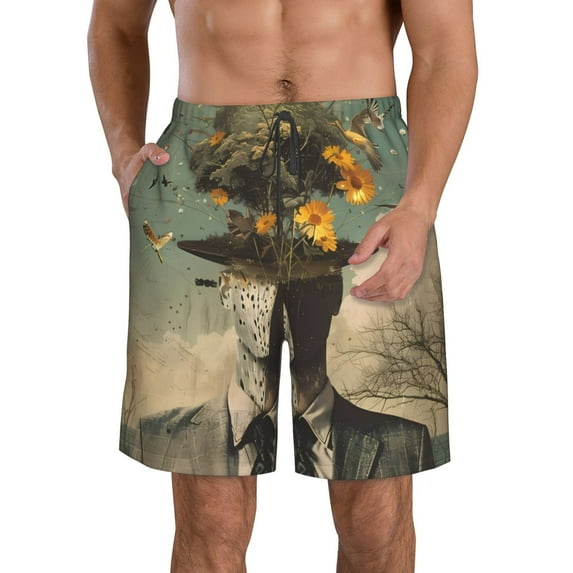 Vsdgher Surreal Floral Mindscape Men's Beach Shorts, Surfing shorts, Swim trunks, Quick Dry Swim Trunks for Surfing Beach Fun -3X-Large