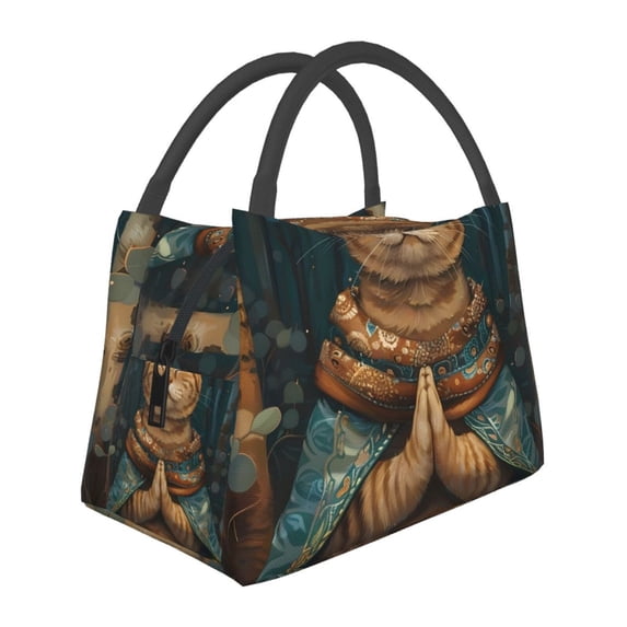 Vsdgher Surreal Meditating Cat Print Insulated Reusable Bags with Sturdy Zipper and Handles, Foldable Totes for Hot or Cold Food Bring or Delivery