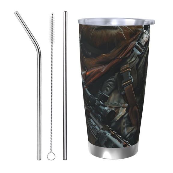Vsdgher Surreal Panda Warrior 20 Oz Stainless Steel Vacuum Insulated, Travel Mug Coffee Cup for Home, Office, Outdoor Works Great for Ice Drinks and Hot Beverage -Straw Three-piece Set