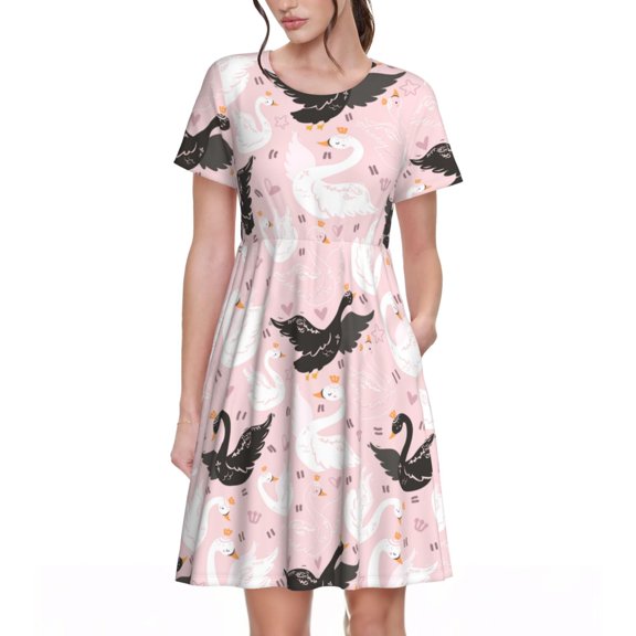 Vsdgher Swan And Flowers2 for Womens Summer 2025 Casual Midi Maxi Dresses Lightweight Short Sleeve Round Neck Beach Dress -X-Large