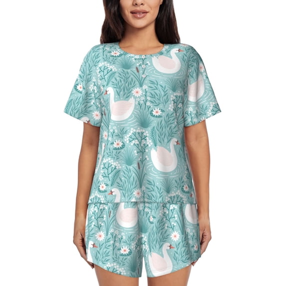 Vsdgher Swan And Flowers4 Pattern Womens Pajamas 2 Piece Short Sleeve Sleepwear Set,Summer Soft Pajamas Set Casual Lounge Sets, 2-Piece Pj -Small