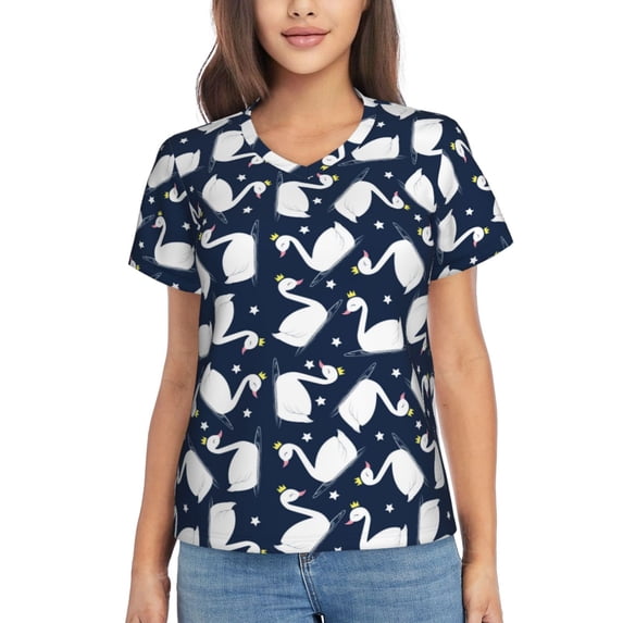 Vsdgher Swan Women Shirts V Neck Short Sleeve Tops T-Shirt Basic Tees, S to 3XLX-Large