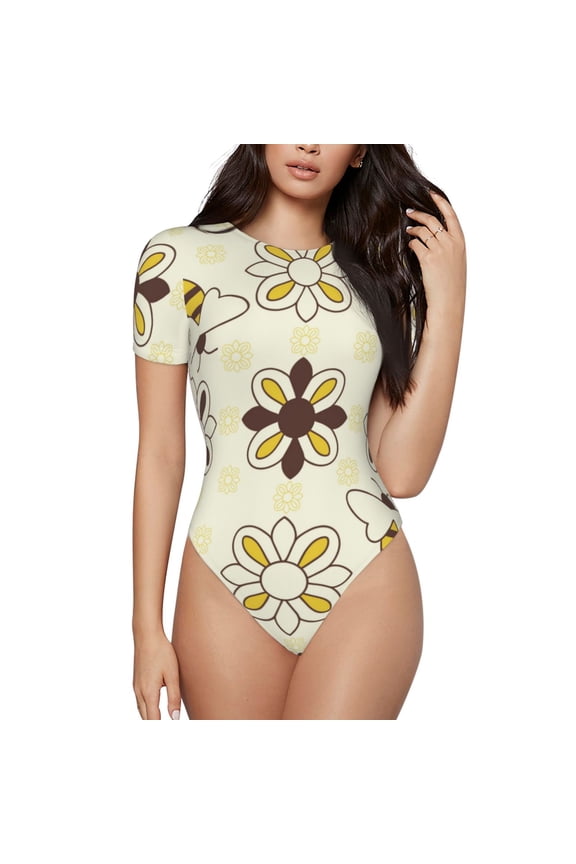 Sweet Bee Prinr Short Sleeve Body suit for Womens, Sexy Onesie One Piece Round Neck Bodysuit Shapewear Tummy Control-X-Large