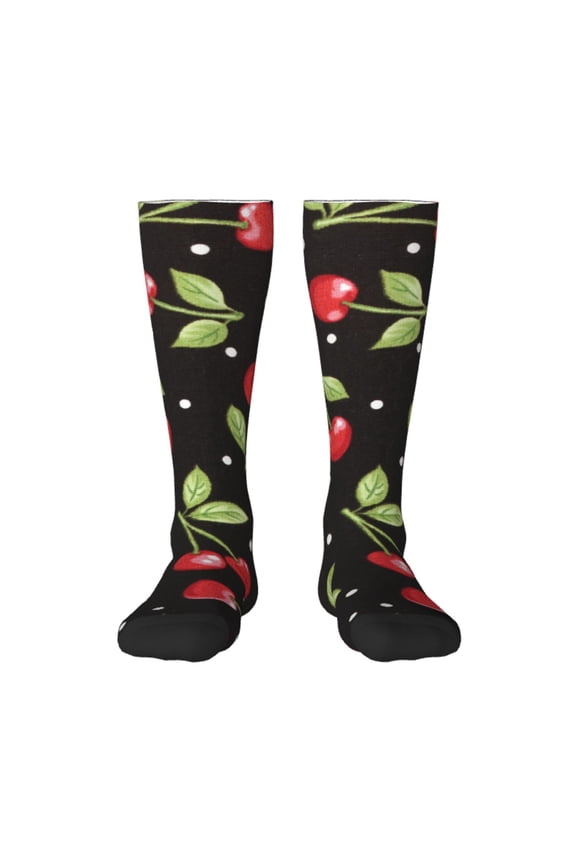 Sweet Red Cherry Print Thigh High Socks Extra Long Stretchy Sock Women Over Knee High Opaque Stocking Daily Wear
