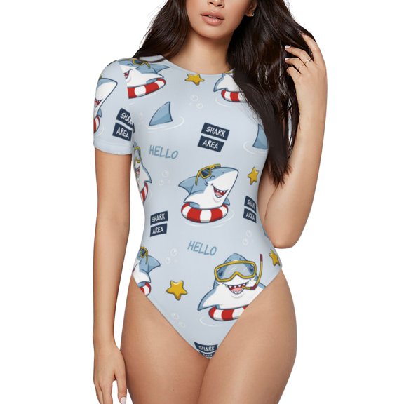 Vsdgher Swimming Shark Prinr Short Sleeve Body suit for Womens, Sexy Onesie One Piece Round Neck Bodysuit Shapewear Tummy Control-Large