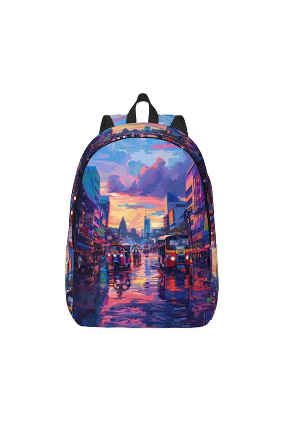Taxi Colorful Town Print Canvas Backpack Travel Rucksack Unisex Knapsack 15.7/17.7Inch Laptop Backpack for Work,College -Small