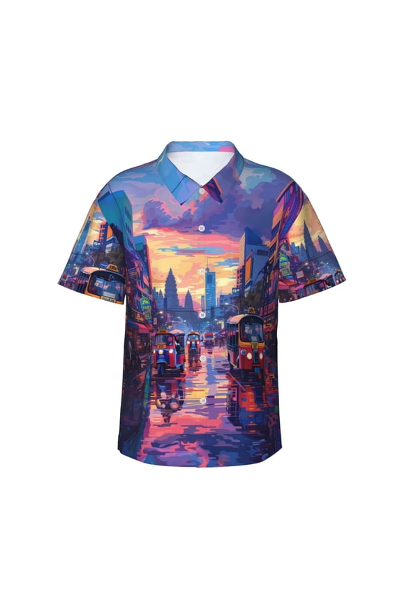 Taxi Colorful Town Print Men's Hawaiian Shirts Button Down Tropical Holiday Beach Shirts Vacation Clothes,Medium