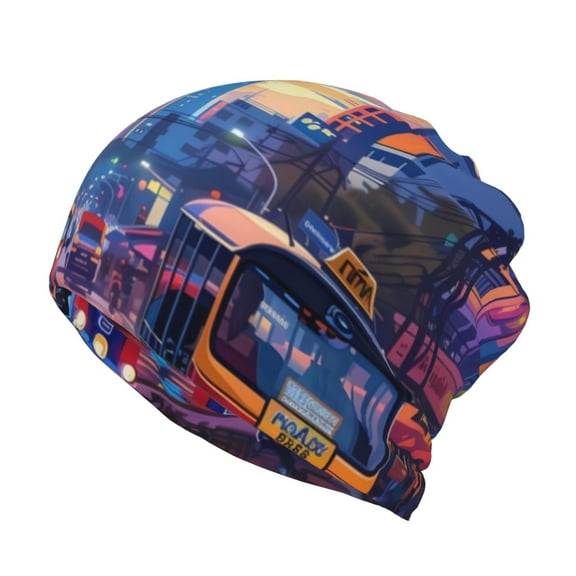 Vsdgher Taxi Colorful Town Slouchy Beanie Hat for Men/Women, Skull Cap Chemo Cap Night Sleeping Cap