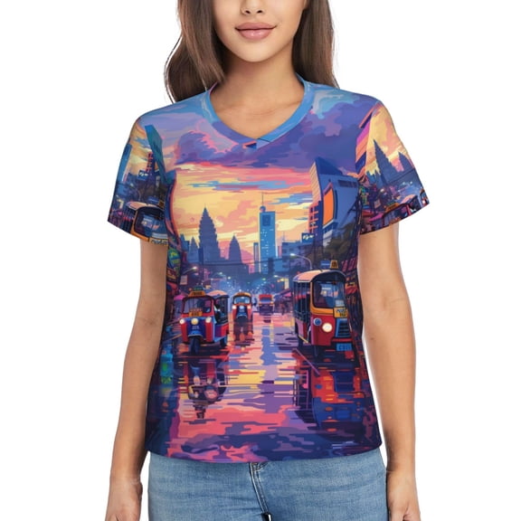 Vsdgher Taxi Colorful Town Women Shirts V Neck Short Sleeve Tops T-Shirt Basic Tees, S to 3XLSmall