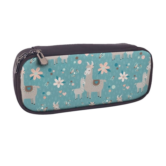 Vsdgher Teal Mama Llama Print Pen Case Leather Pencil Pouch Markers Holder Big Capacity Bag with Zippered Pocket for Stationery Tool