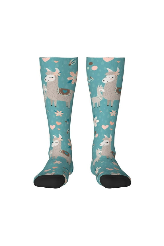 Teal Mama Llama Print Thigh High Socks Extra Long Stretchy Sock Women Over Knee High Opaque Stocking Daily Wear