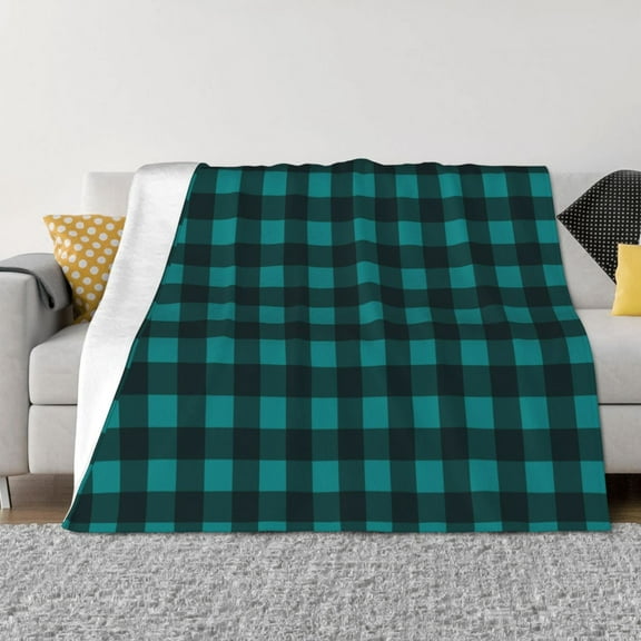 Vsdgher Teal On Black Plaid Pattern Fleece Throw Blanket, Horizontal Fleece Bedding Home Decor for Couch & Bed All Season Use -50"x40"